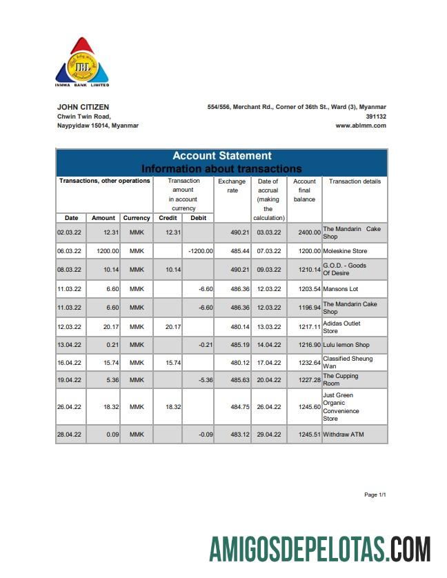 Exemplo de extrato bancário do Myanmar Innwa Bank Limited